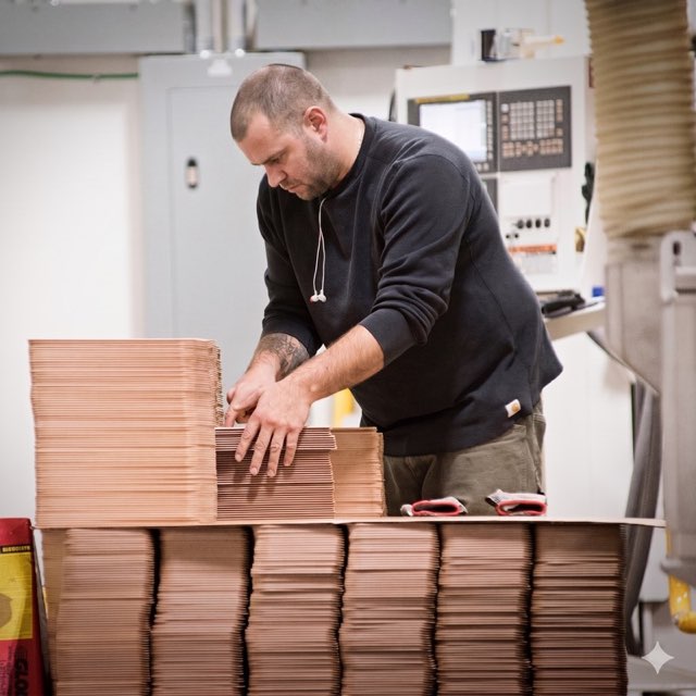 Производство упаковки: оператор у стопки упаковки